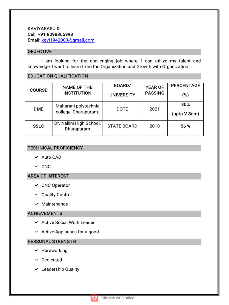 Kaviya Rasu S Resume Cnc Operator Pdf