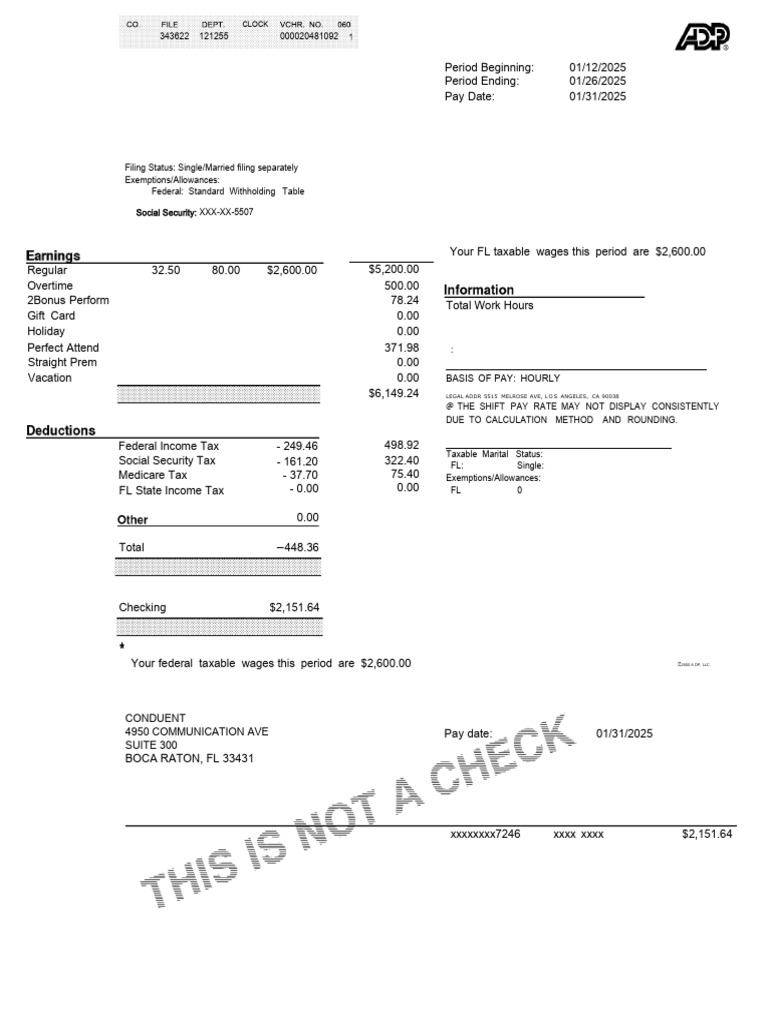Florida Income Tax Earnings Statement | PDF | Social Security (United ...