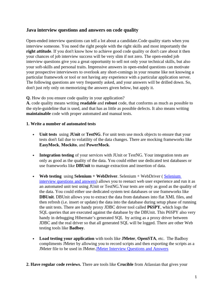 Java Interview Questions on Code Quality | PDF | Unit Testing | Class ...