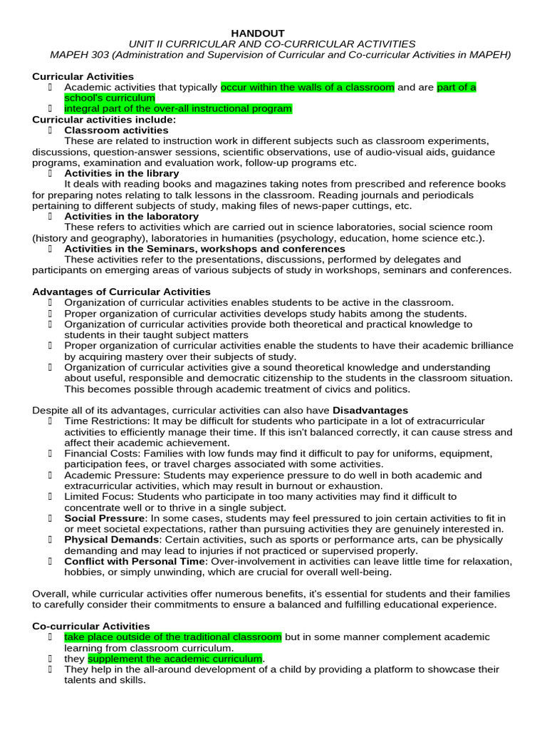 HANDOUT Curricular and Extra Curricular | PDF | Curriculum ...