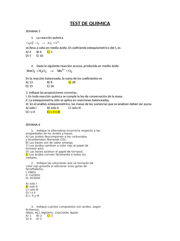 Test de Química: Reacciones y Equilibrio | PDF | Ácido | Estequiometría