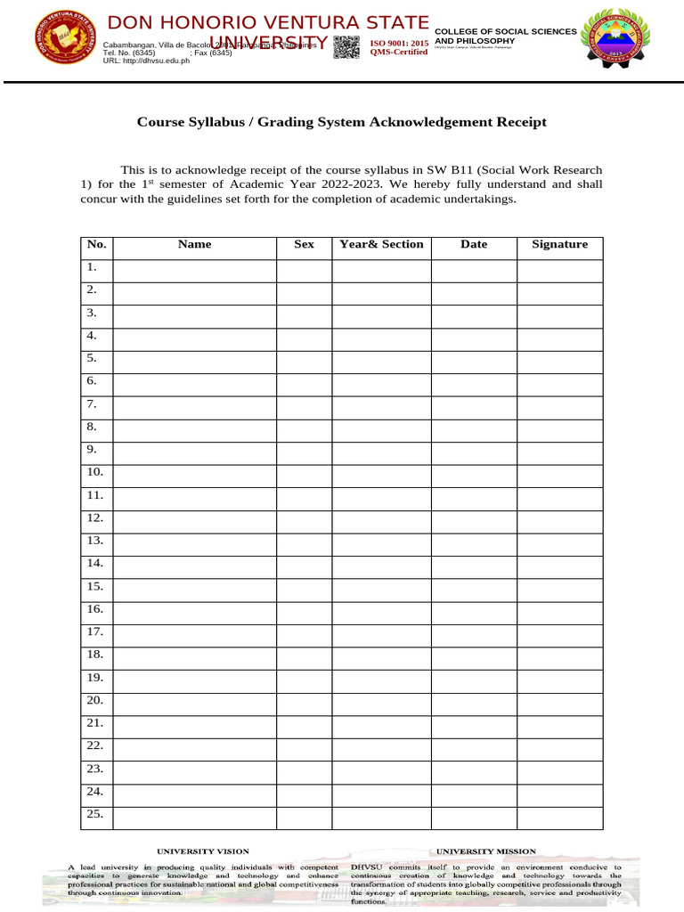 DHVSU Social Work Research Syllabus | PDF