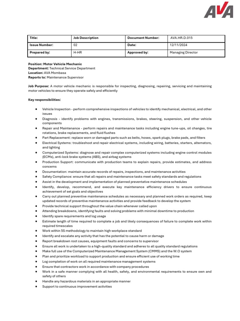 Motor Vehicle Mechanic Job Opening | PDF | Vehicles | Brake
