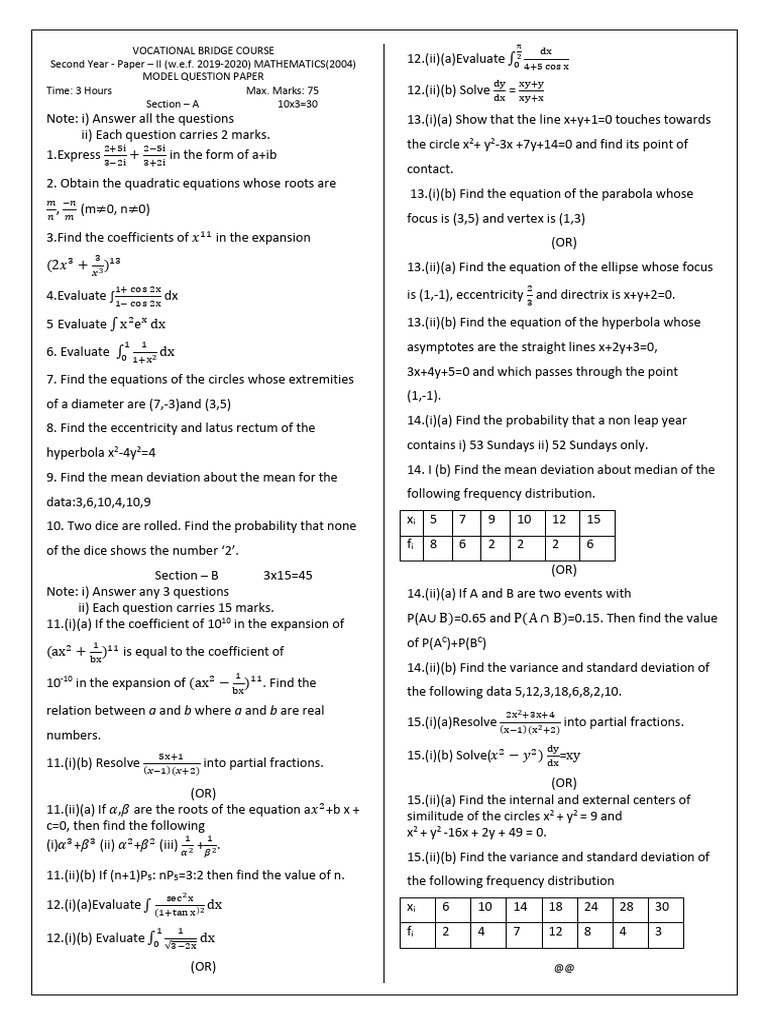 Mathematics Model Question Paper | PDF | Ellipse | Elementary Geometry