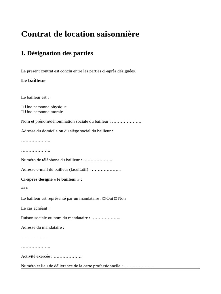 Mod le De Contrat De Location Saisonni re PDF Logement Assurance