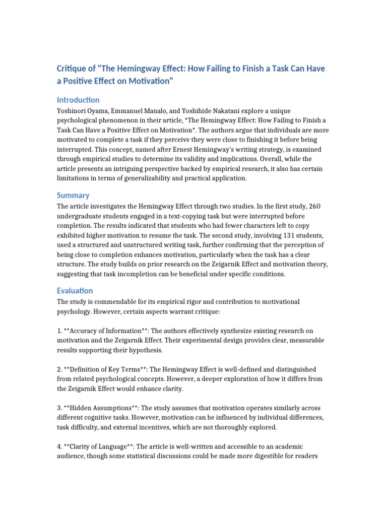 Critique of the Hemingway Effect Study | PDF | Motivational | Motivation