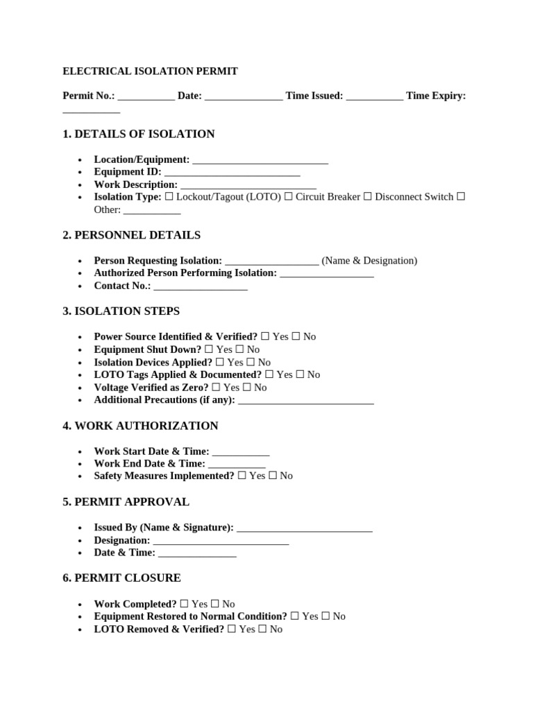 Electrical Isolation Permit Form | PDF