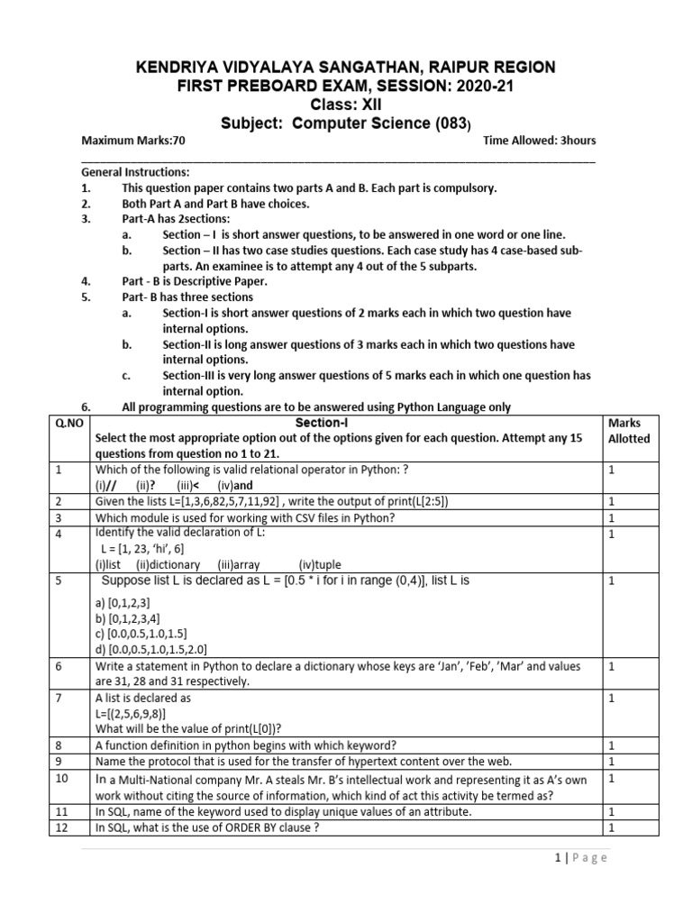 Class 12 Computer Science Preboard Exam | PDF | Parameter (Computer ...