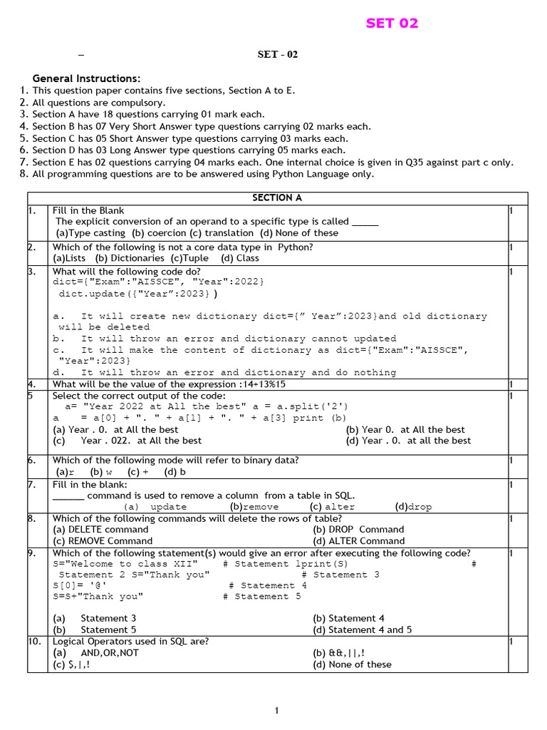 Class 12 Computer Science Exam Paper | PDF | Parameter (Computer ...