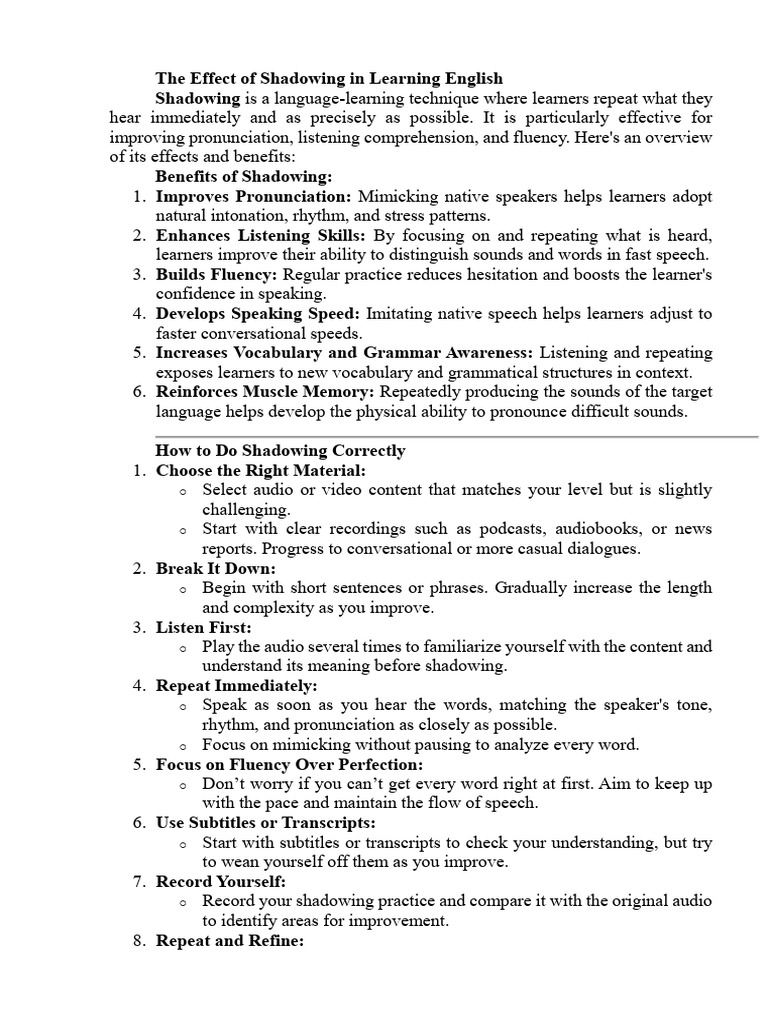 Benefits of Shadowing in English Learning | PDF | Fluency | Learning
