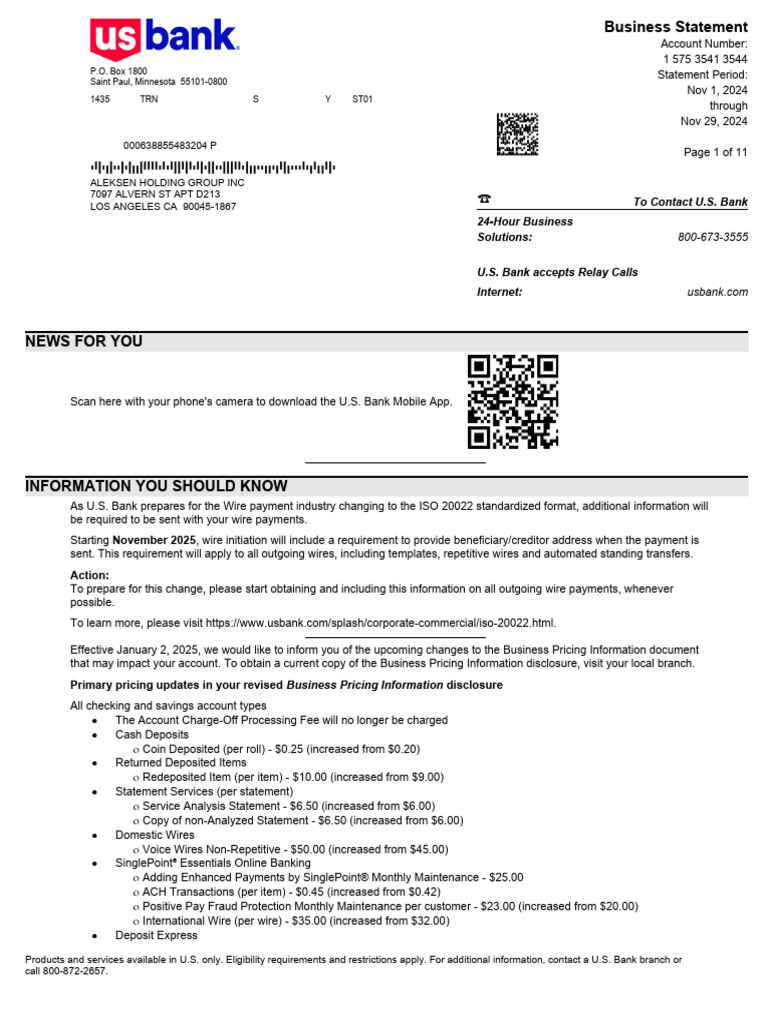 2024-11-29 Statement - USB Checking 3544 | PDF | Credit Card ...