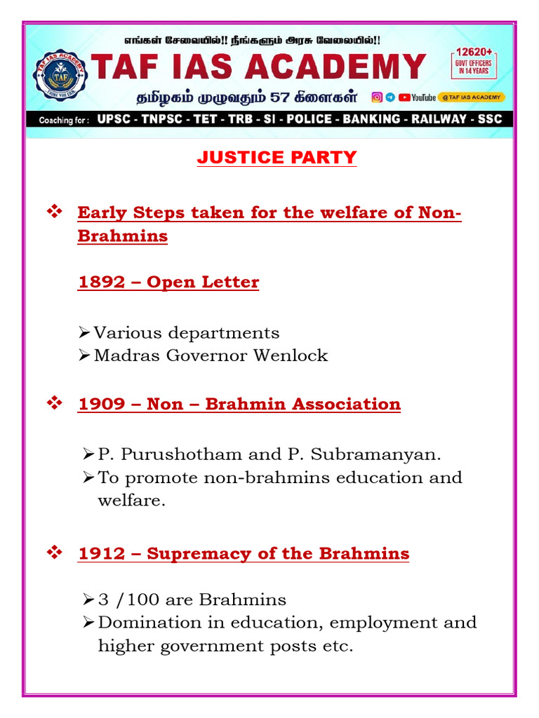 Justice Party: Origins and Achievements | PDF | Politics Of India ...