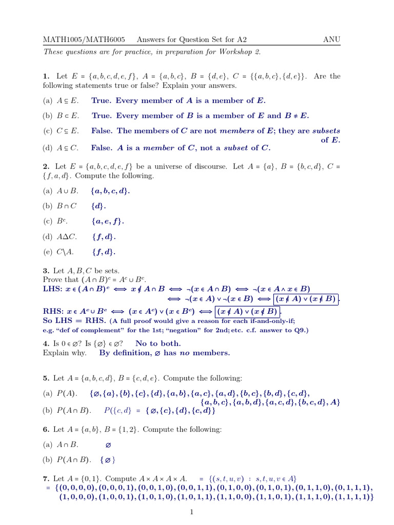 MATH1005 A2 Practice Questions | PDF | Empty Set | Logic