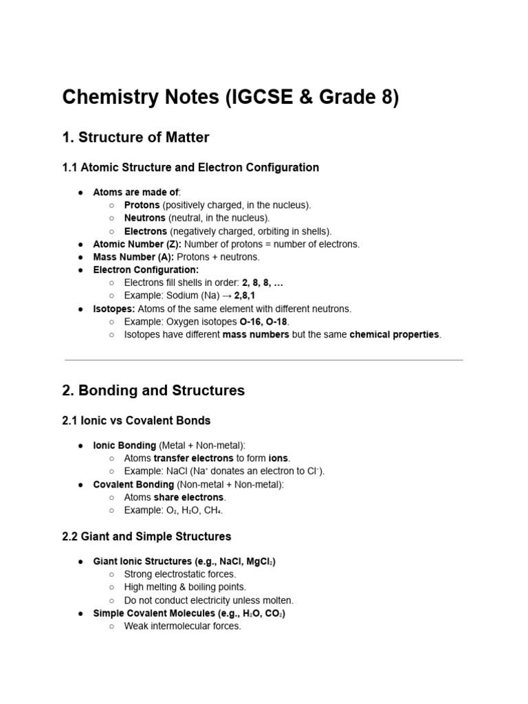 IGCSE & Grade 8 Chemistry Notes | PDF | Chemical Bond | Ion