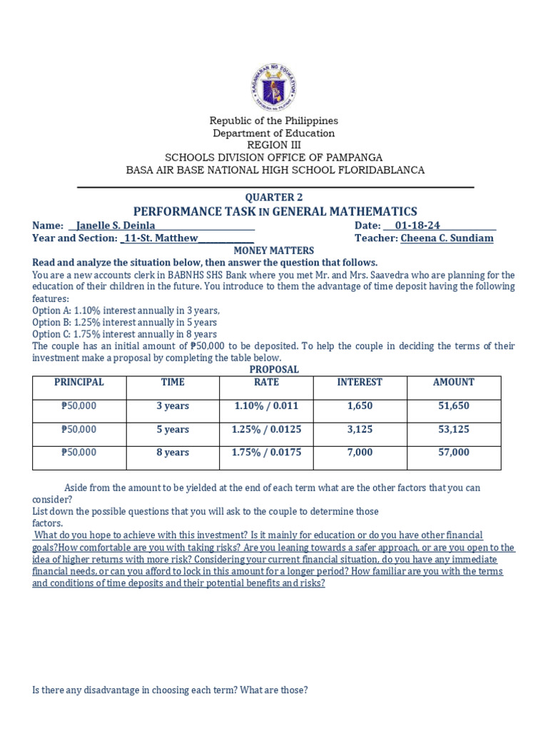 General Math Performance Task: Time Deposits | PDF | Interest ...