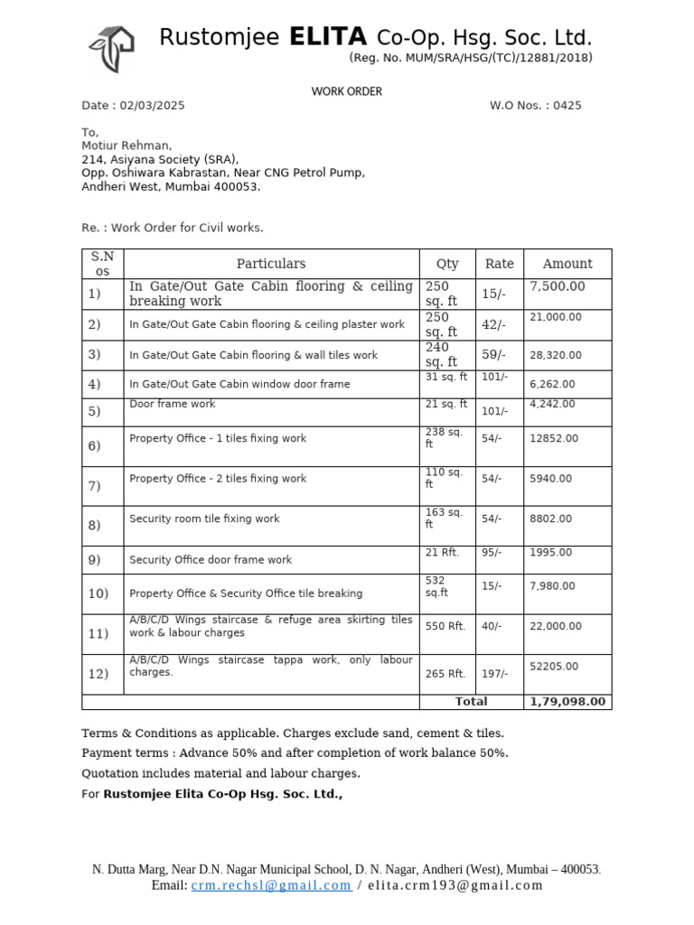 Civil Work Order for Rustomjee ELITA | PDF | Building Technology ...
