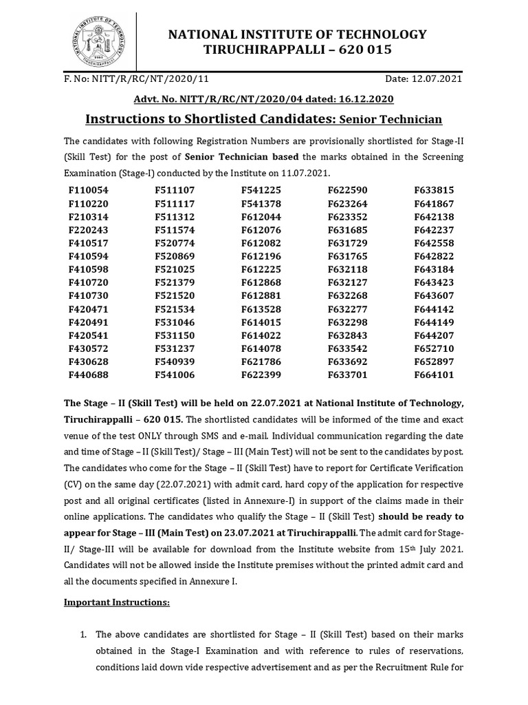 Senior Technician Skill Test Shortlist | PDF