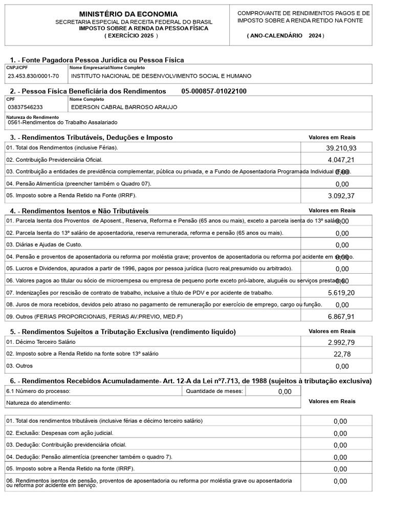 Comprovante de Rendimentos 2024 IRPF | PDF | Imposto de Renda | Renda