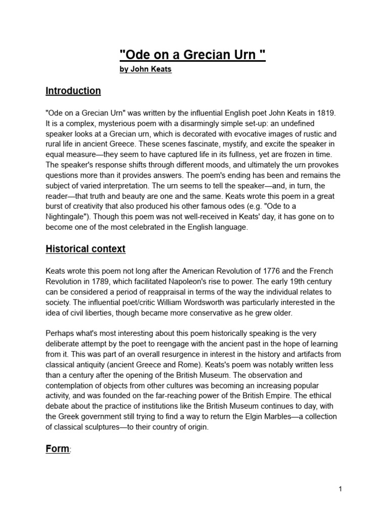 Keats' Ode on a Grecian Urn Explained | PDF | Poetry