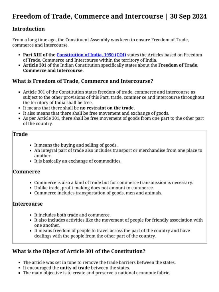Article 301: Freedom of Trade in India | PDF | Commerce | Trade