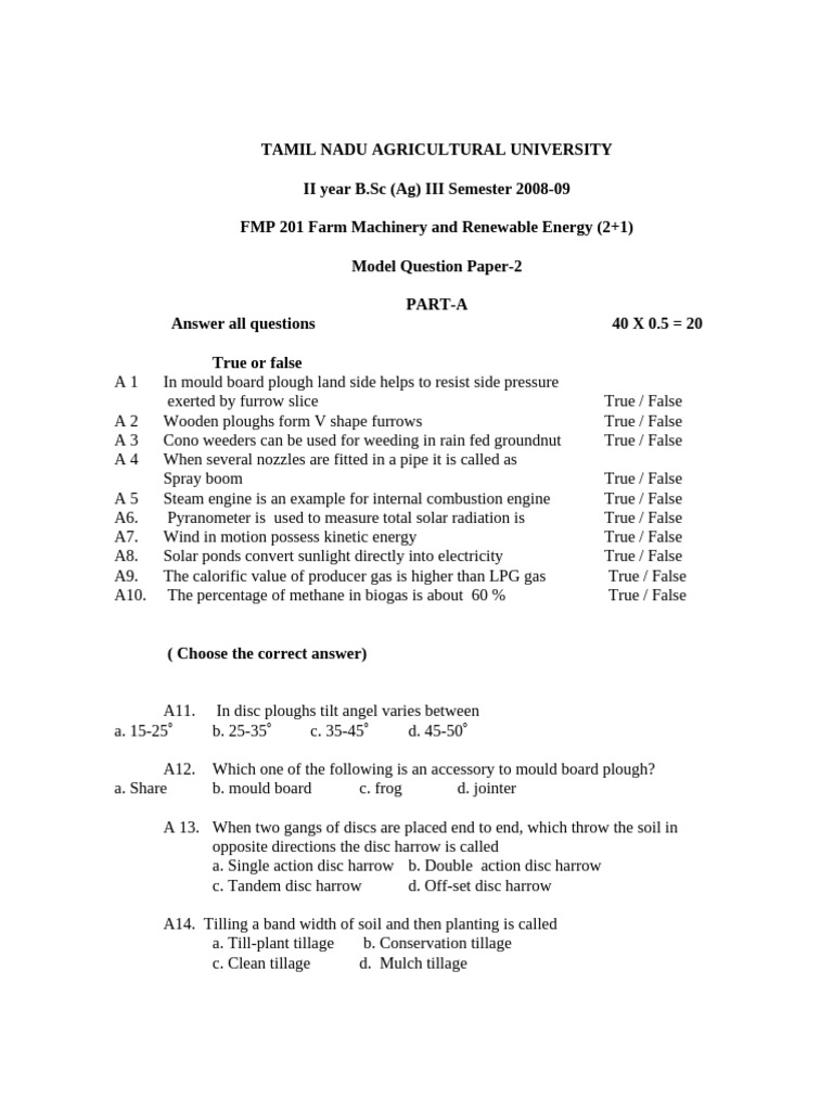 Model question paper B.Sc. (Ag) QP-2 | PDF | Plough | Engines