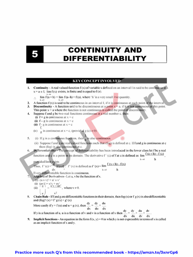Class 12 Maths Chapter 5 Formulas | PDF