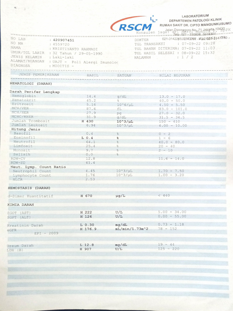 Hasil Lab TGL 07:09:22 RSCM | PDF