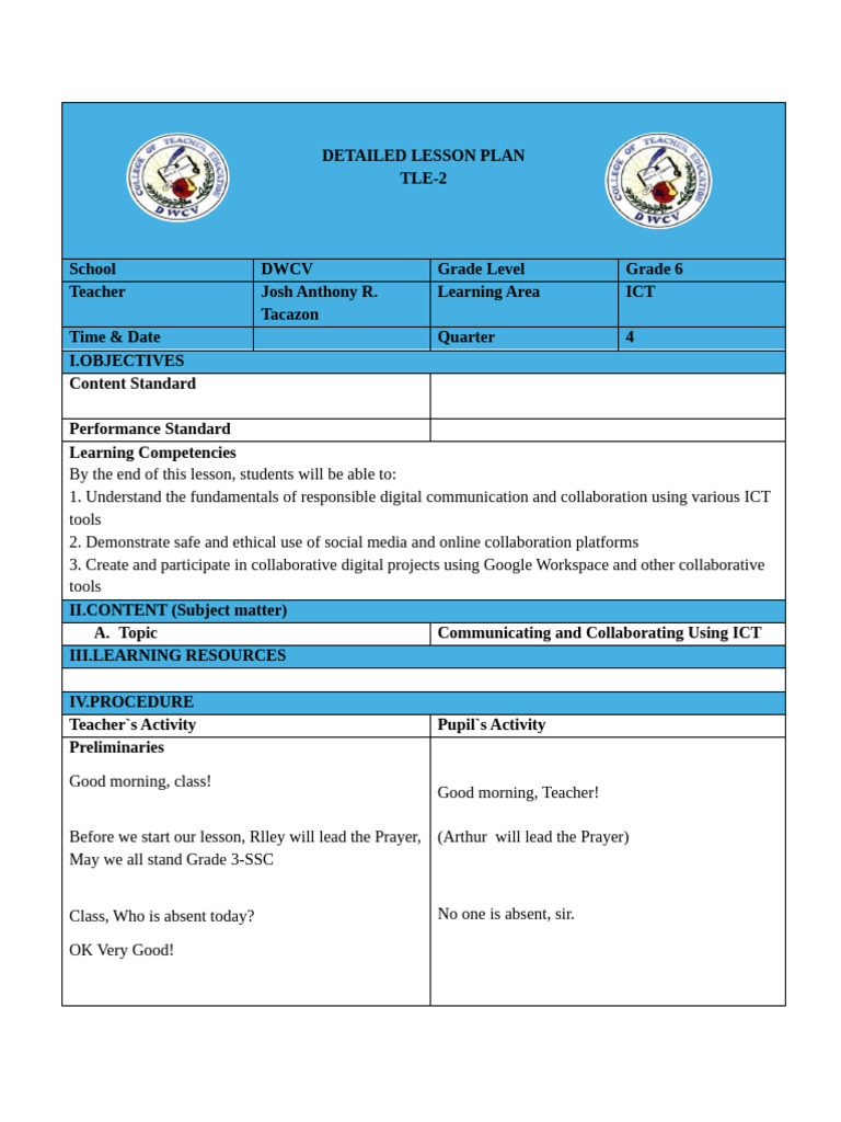 Grade 6 ICT Collaboration Lesson Plan | PDF