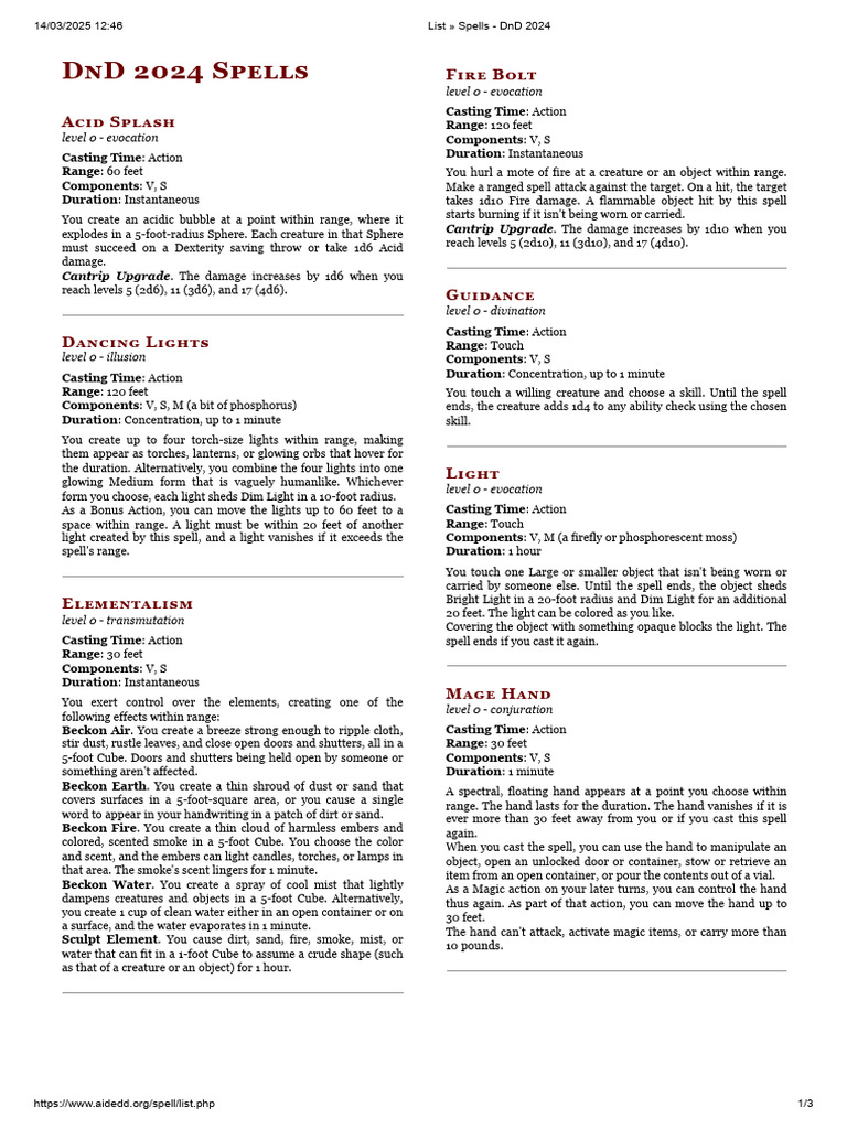 DnD 2024 Cantrip Spell List | PDF | Light