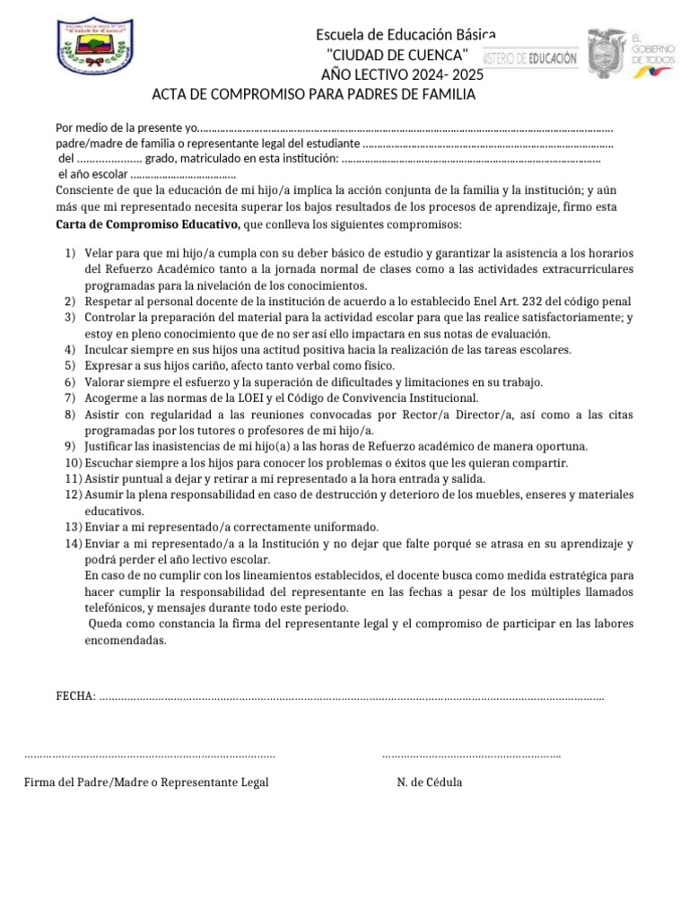 Acta de Compromiso para Padres de Familiacuenca | PDF | Escuelas