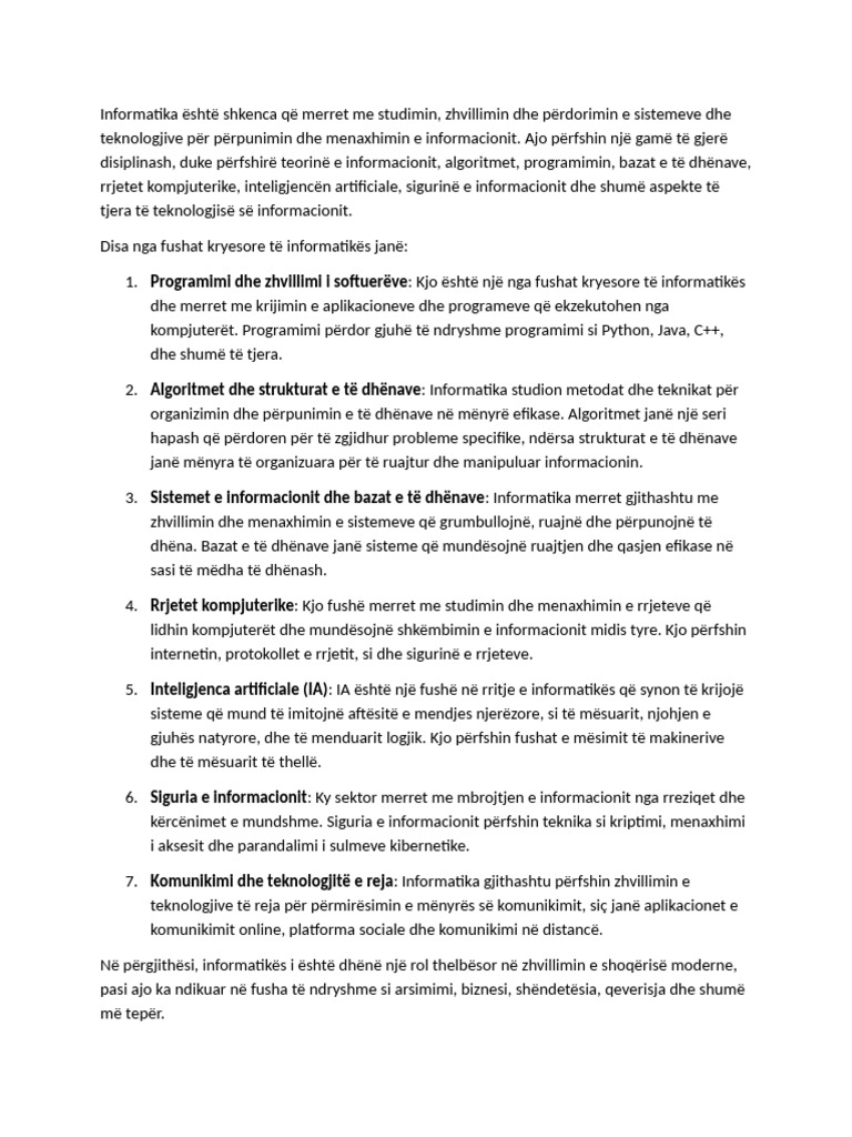 Informatika Është Shkenca Që Merret Me Studimin | PDF