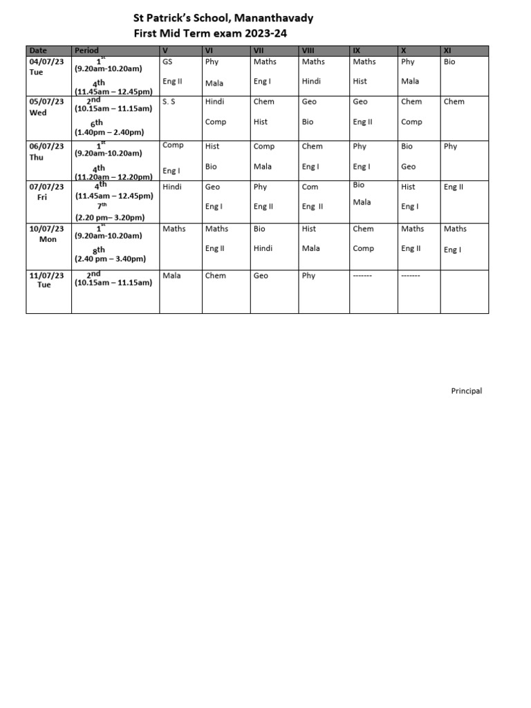 1st Mid Tem Timtable - SR L | PDF