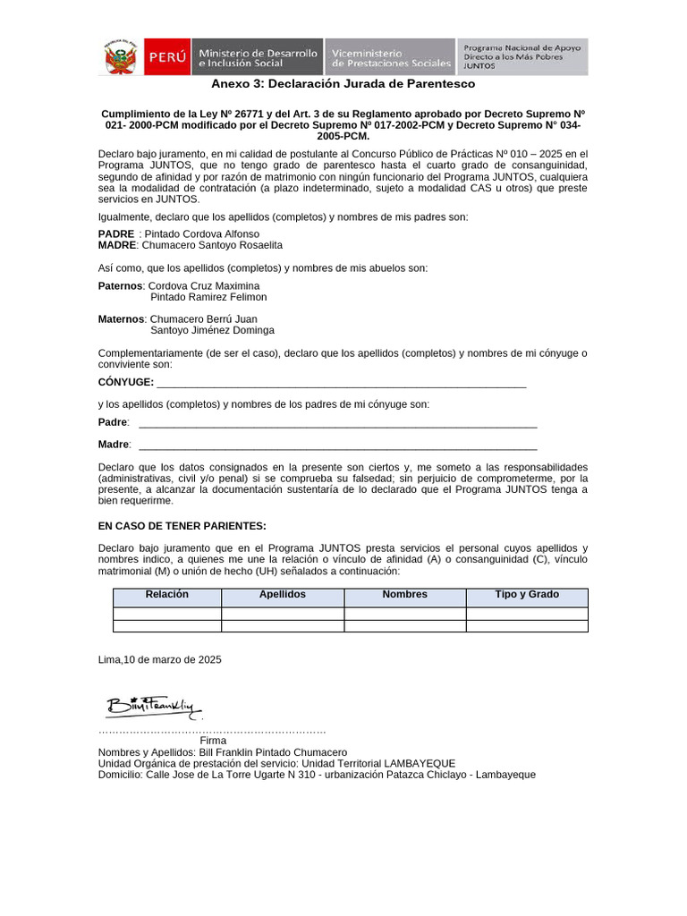 Declaración Jurada de Parentesco JUNTOS | PDF | Parentesco | Familia
