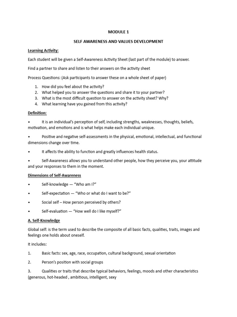 MODULE 1 Self Awareness and Values Development | PDF | Self Esteem ...