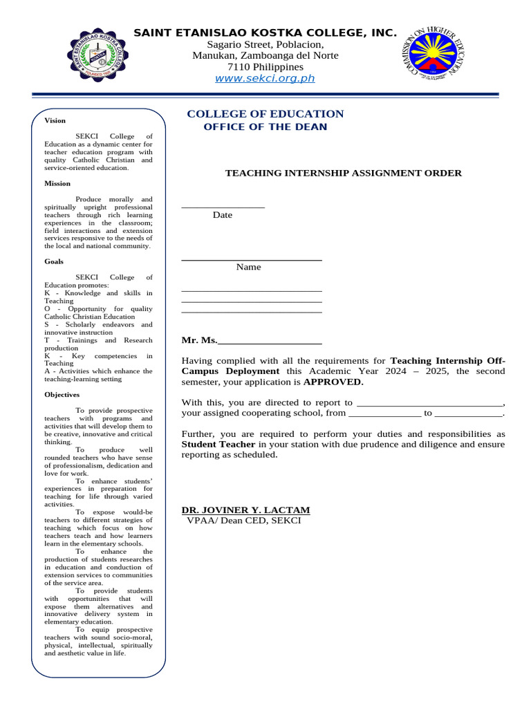 SEKCI Teaching Internship Guidelines | PDF | Teachers | Learning