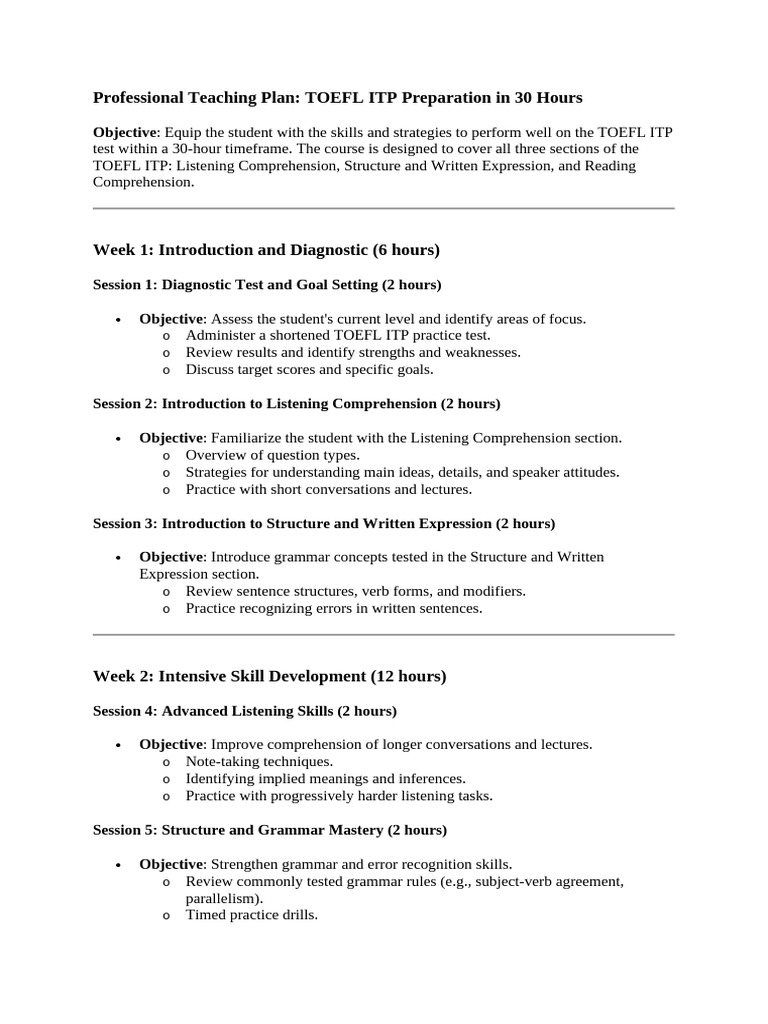 TOEFL ITP 30-Hour Prep Plan | PDF | Test Of English As A Foreign ...