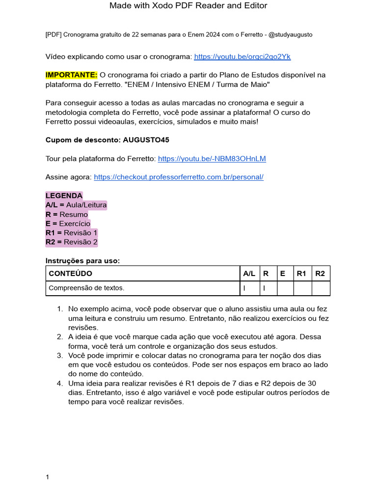 Cronograma de Estudos para o Enem 2024 | PDF | Química | Física