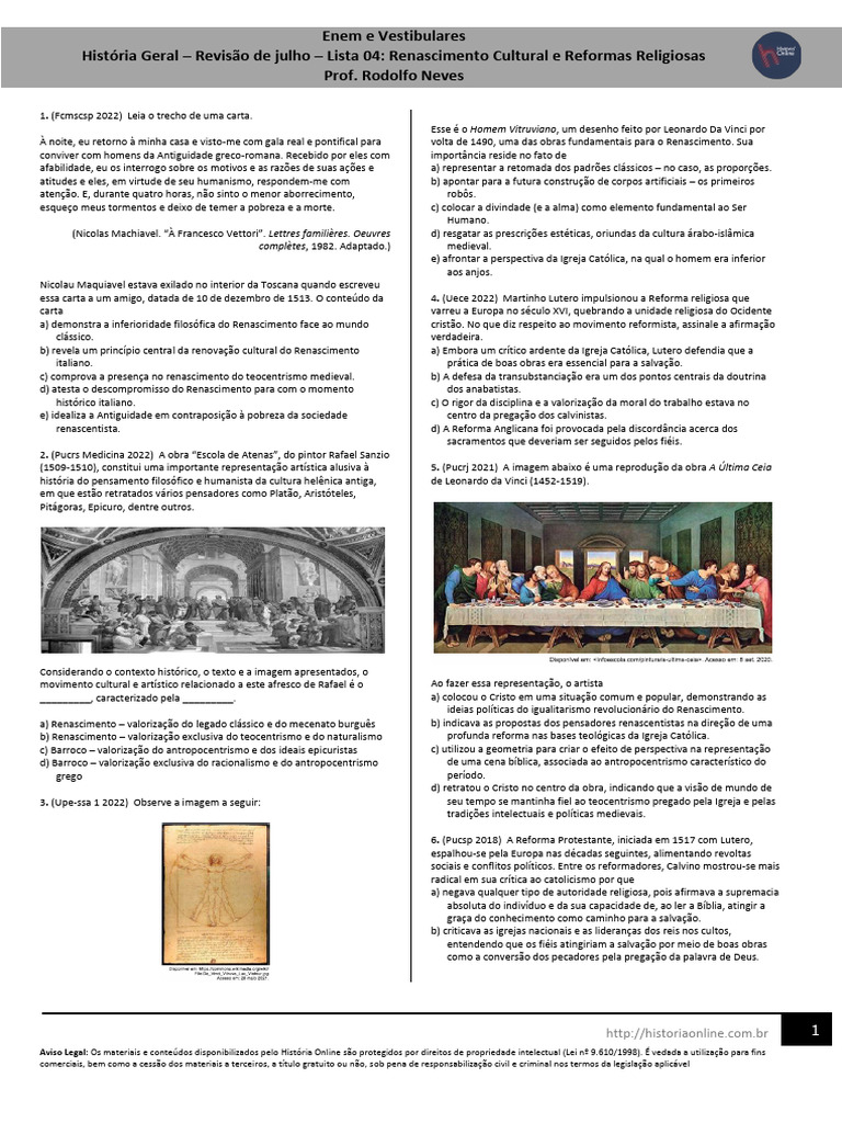 Renascimento e Reformas Religiosas: Questões | PDF | Protestantismo ...