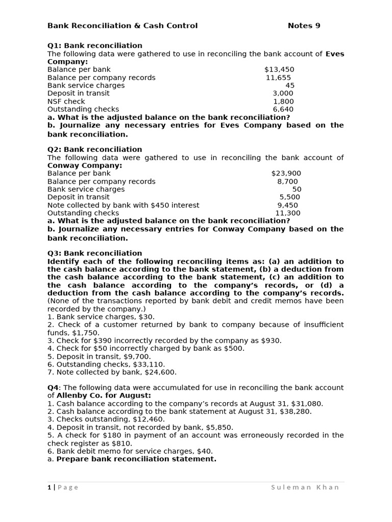 Bank Reconciliation Procedures and Examples | PDF | Banks | Overdraft