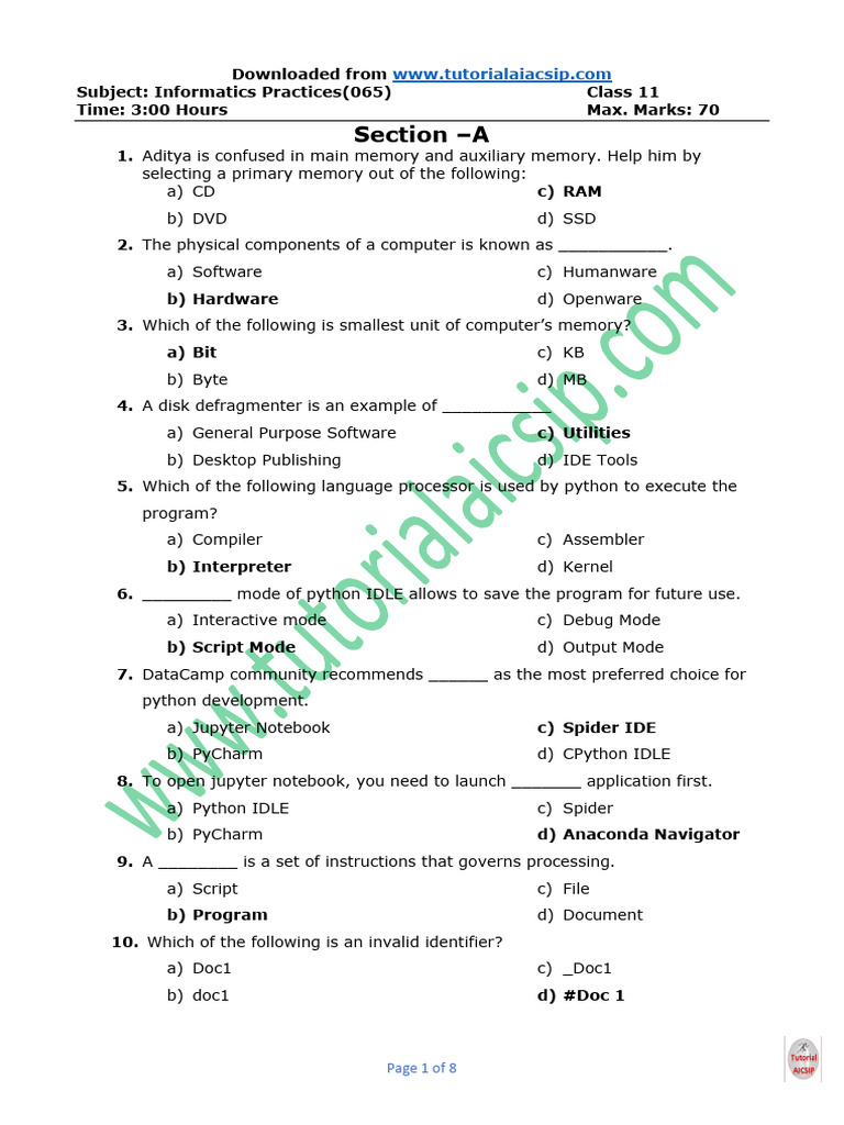Class 11 Informatics Practices Exam Guide | PDF | Computer Data Storage ...