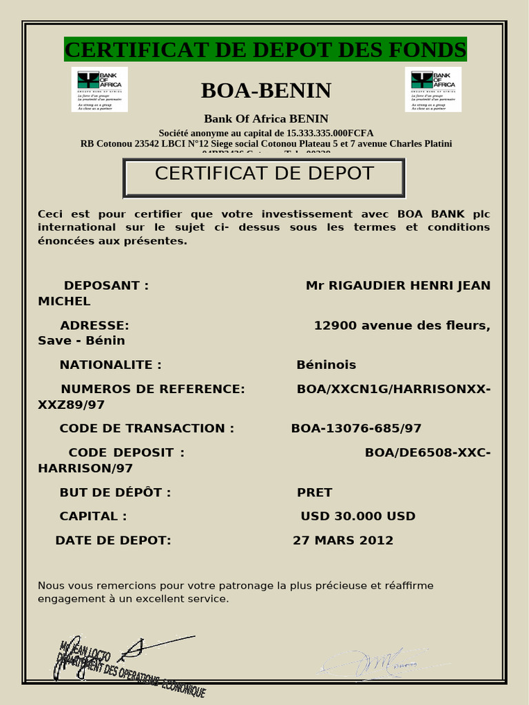 Certificat de Dépôt de Fonds BOA | PDF