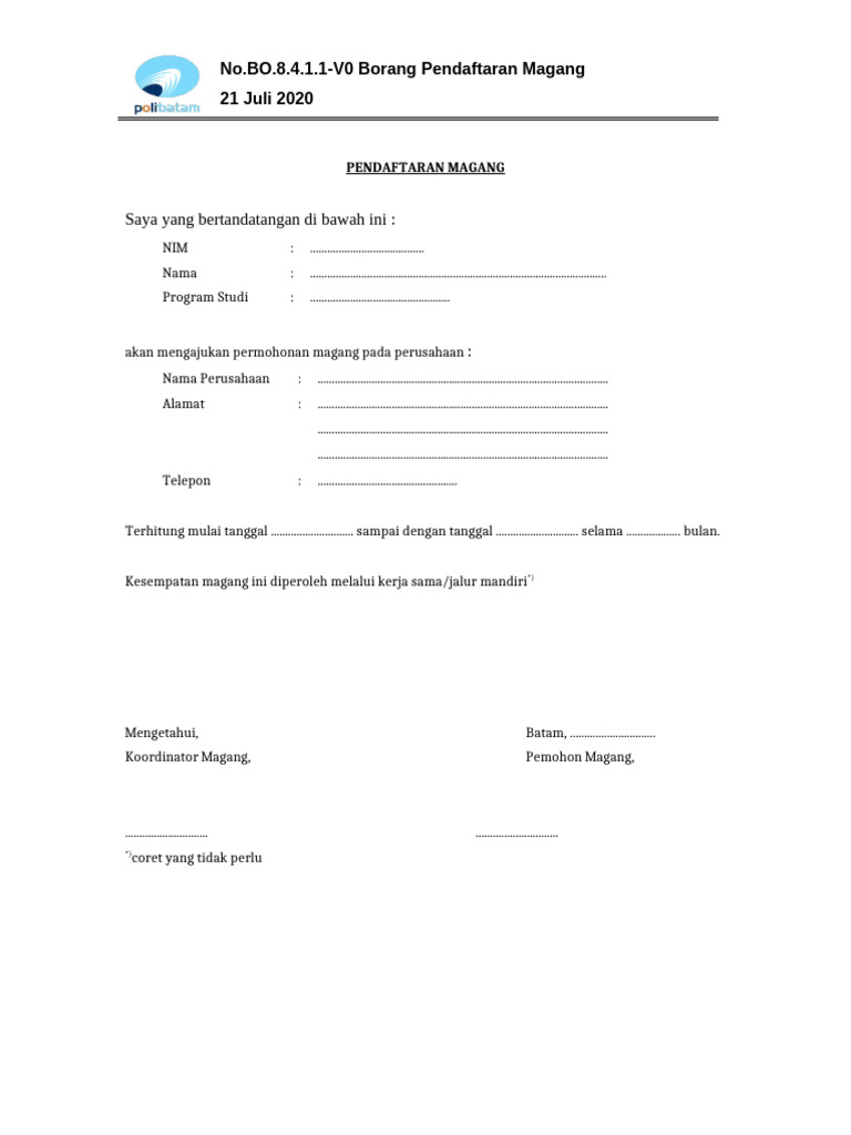 Formulir Pendaftaran Magang 2020 | PDF