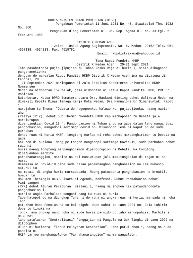 Tona Rapat Pendeta HKBP Medan Aceh | PDF