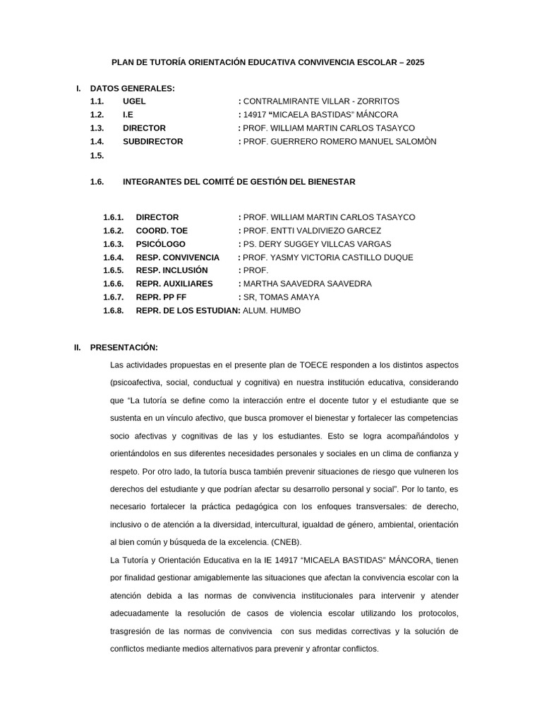 Plan de Tutoría y Convivencia Escolar 2025 | PDF | Enseñando | Escuelas