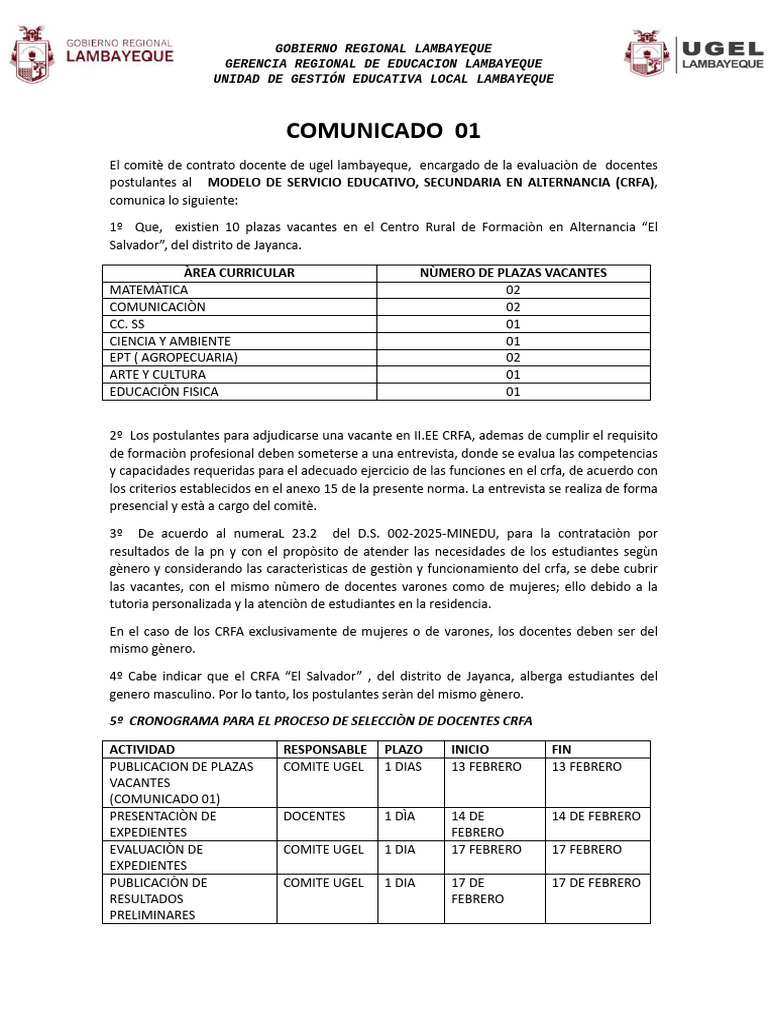 Convocatoria Docente CRFA Lambayeque | PDF | Cognición