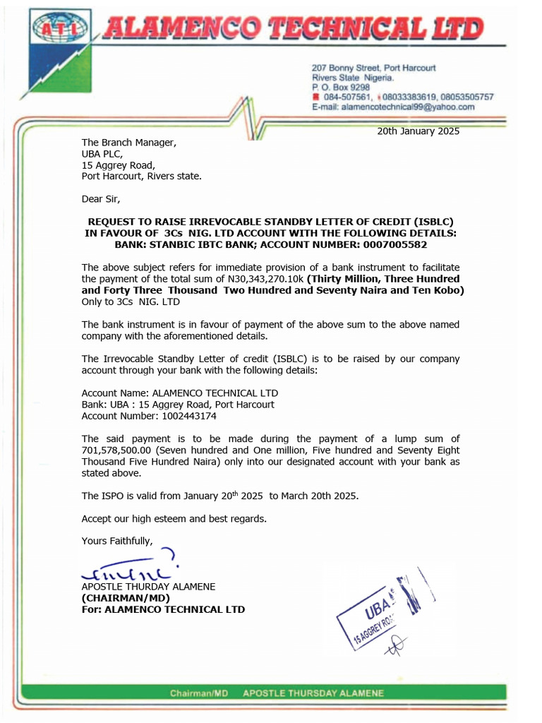 ISBLC Request for 3Cs NIG. LTD Payment | PDF