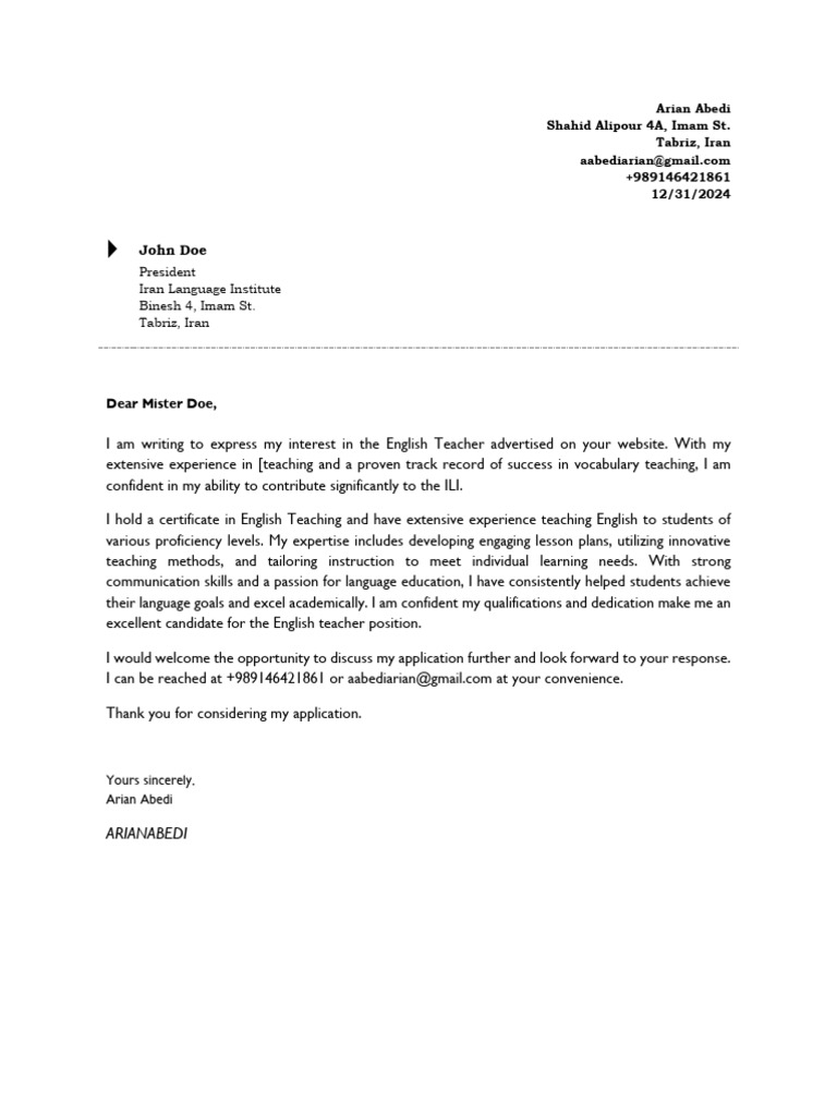 Application for English Teacher Position | PDF