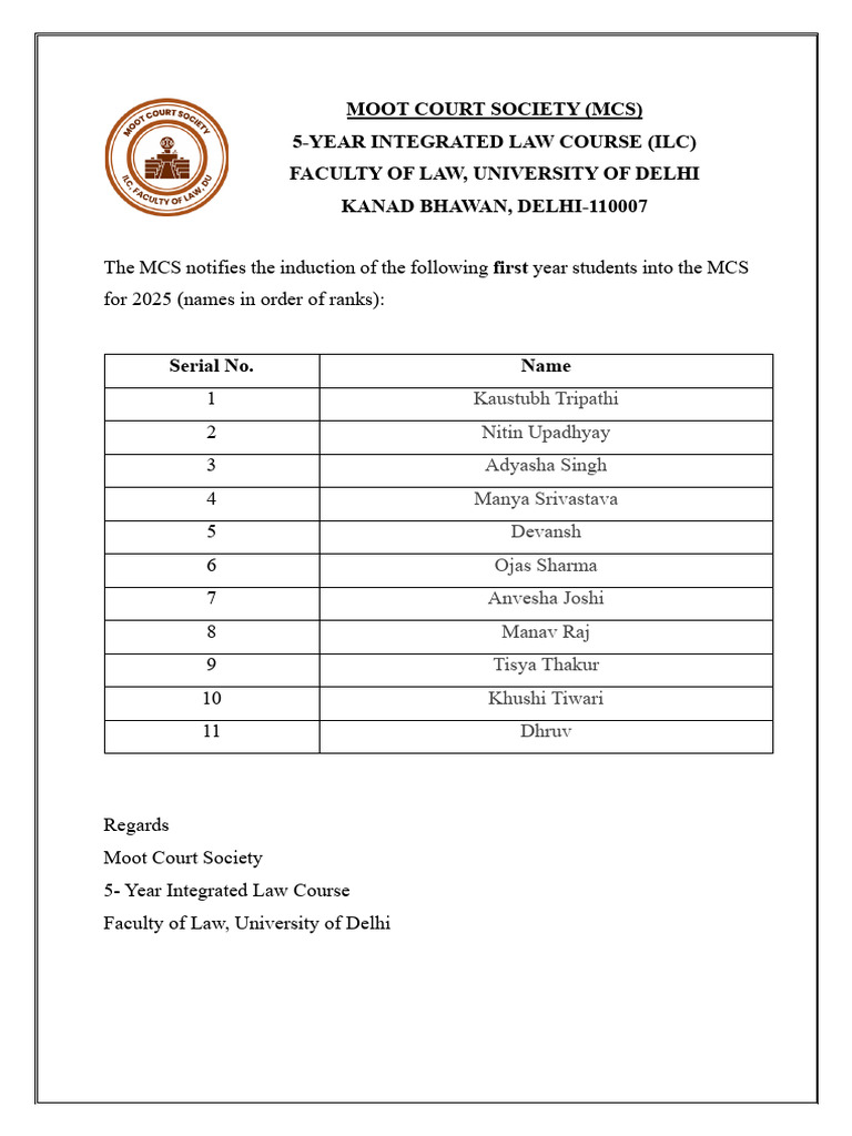 MCS 2025 First Year Induction List | PDF