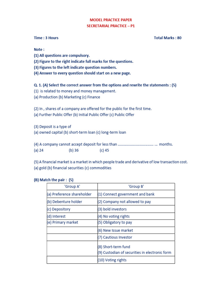 Secretarial Practice Model Paper P1 | PDF | Securities (Finance) | Dividend