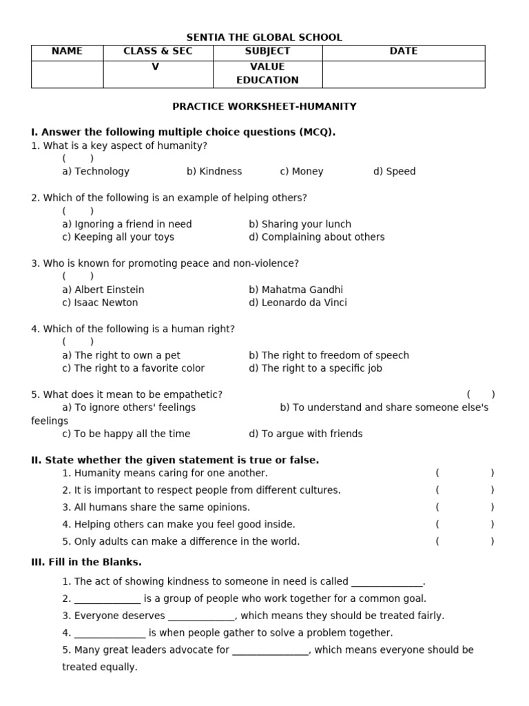 Humanity Value Education Worksheet | PDF